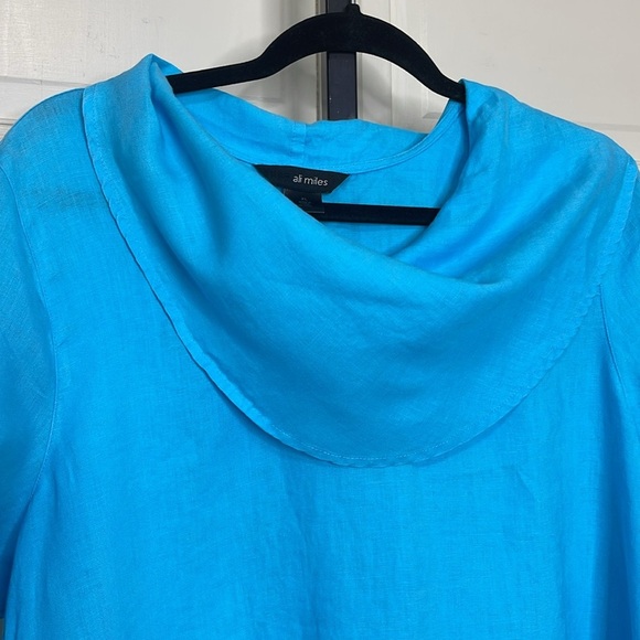 Ali Miles Womens LinenTunic Blouse 3/4 Sleeve Cowl Neck Blue Size XL Lagenlook - Picture 2 of 10